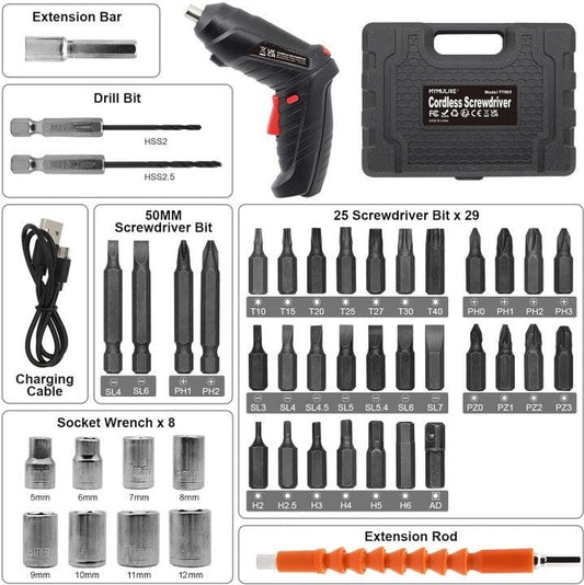 🔧 48 Pcs Rechargeable Cordless Screwdriver Drill Machine Tool Kit