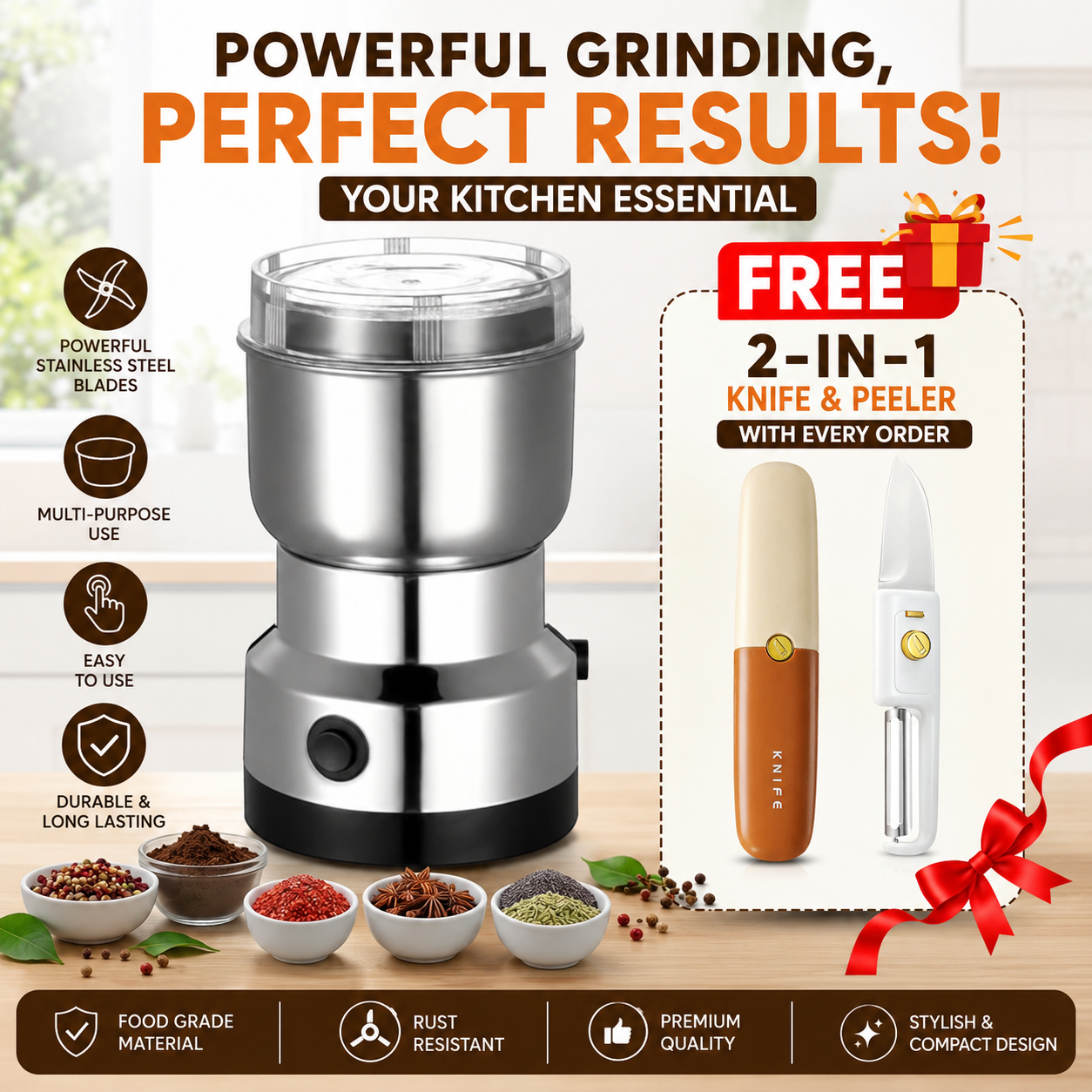 Portable Electric Mixer Grinder – FREE 2-in-1 Knife & Peeler