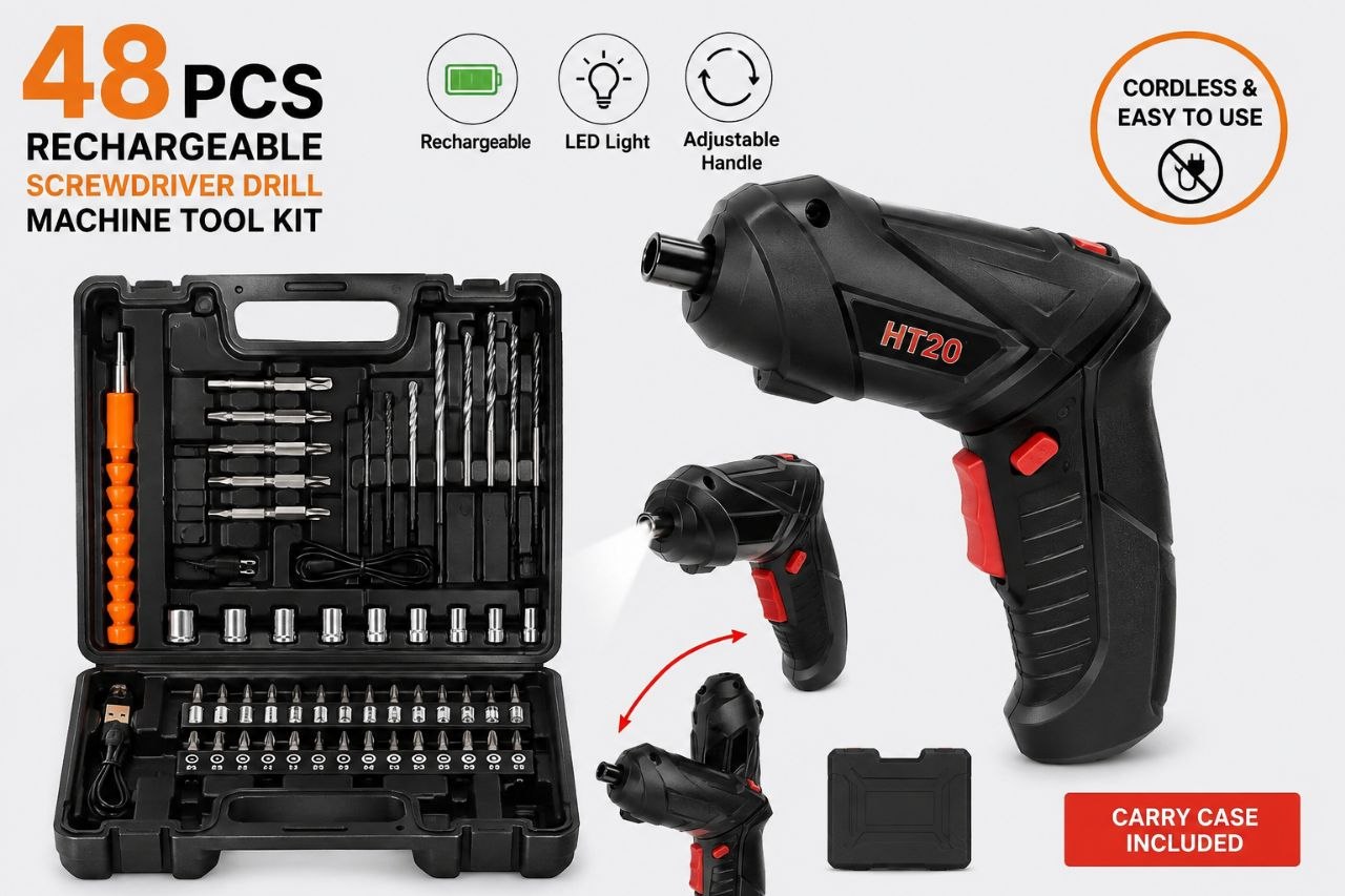 🔧 48 Pcs Rechargeable Cordless Screwdriver Drill Machine Tool Kit