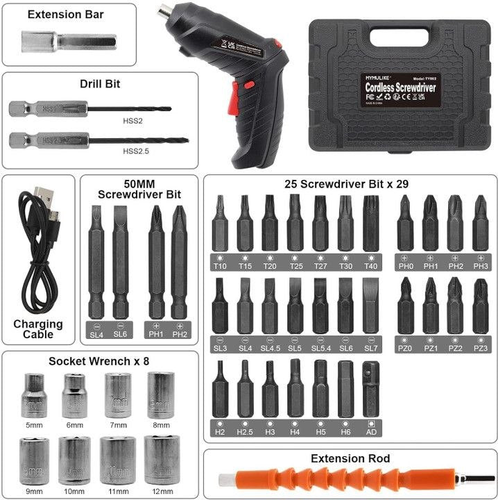 🔧 48 Pcs Rechargeable Cordless Screwdriver Drill Machine Tool Kit