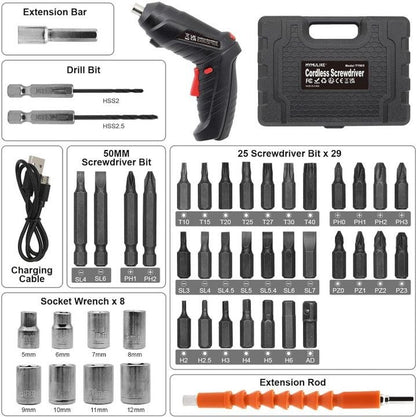 🔧 48 Pcs Rechargeable Cordless Screwdriver Drill Machine Tool Kit
